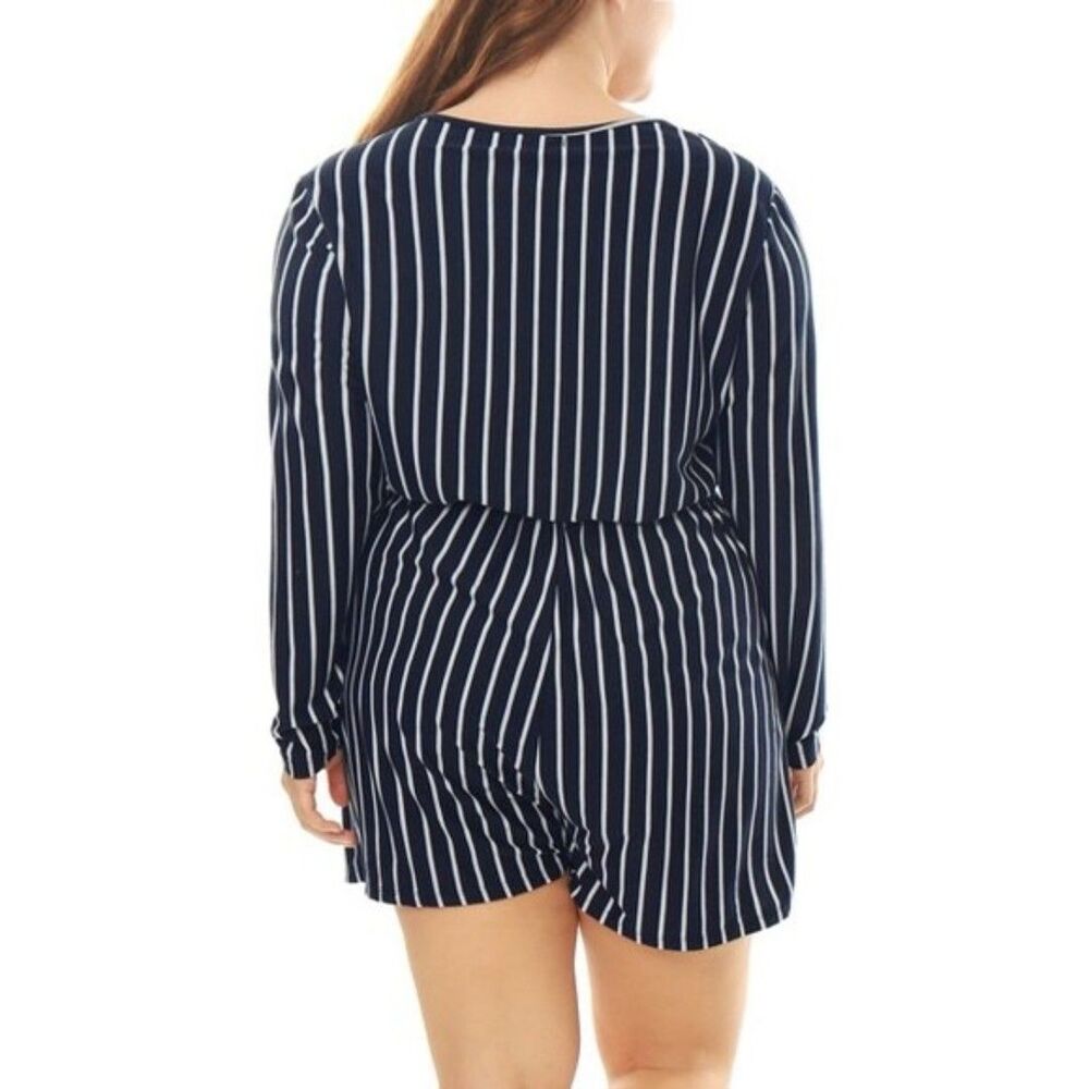 Boho Navy White Stripe Long Sleeve Romper Surplice V Neck Elastic Waist Coastal - Picture 4 of 5